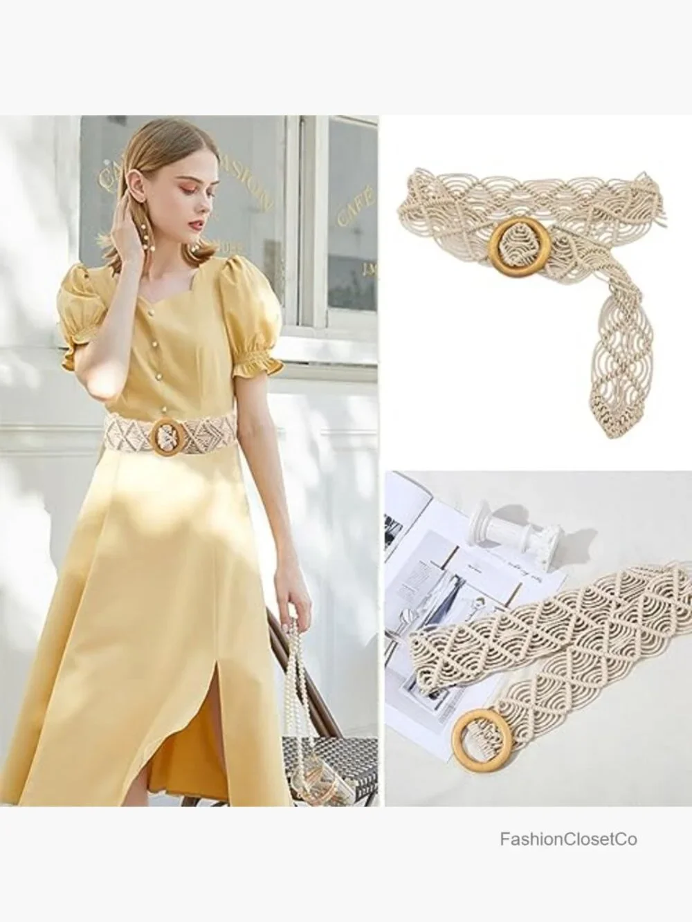 Boho Woven Rattan Straw Rope Braid Waist Belt with O-Ring Wooden Buckle